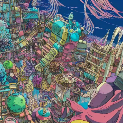 Image similar to anime background of an undersea slums shopping district built from various sea shells and corals, seaweed, light prisms, light diffraction, steampunk, cyberpunk, cool colors, caustics, anime, vhs distortion, inspired by splatoon by nintendo, art created by miyazaki studio ghibli