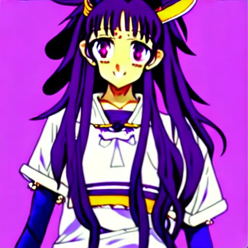 Prompt: character design of anthy himemiya as a college student, long wavy purple hair, indian girl with brown skin, tokyo fashion, detailed anime character art, girly, concept art, portrait, japanese streetwear, dramatic pose, shoujo manga character design, character art, femme, urban, vibrant, highly detailed, Akihiko Yoshida