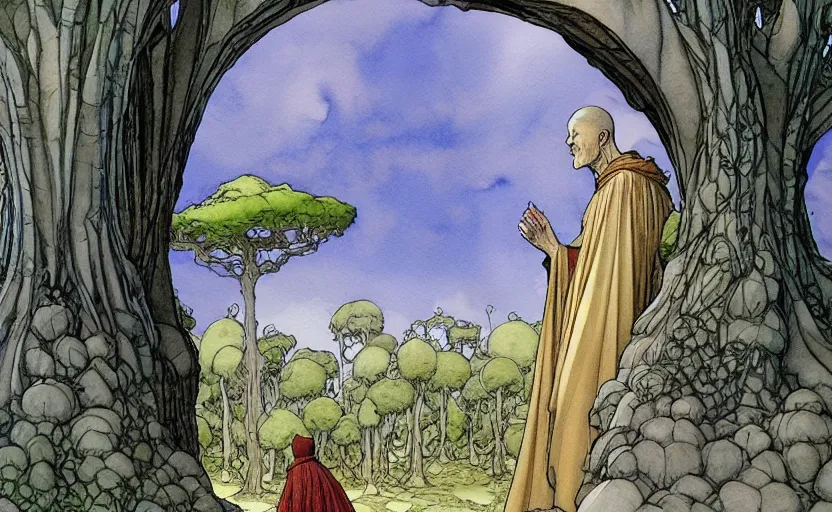 Prompt: a hyperrealist watercolour concept art of a dimensional time portal in the shape of an arch of trees. a medieval monk in grey robes is in the foreground. by rebecca guay, michael kaluta, charles vess and jean moebius giraud. high detail, hq, wide shot, 4 k