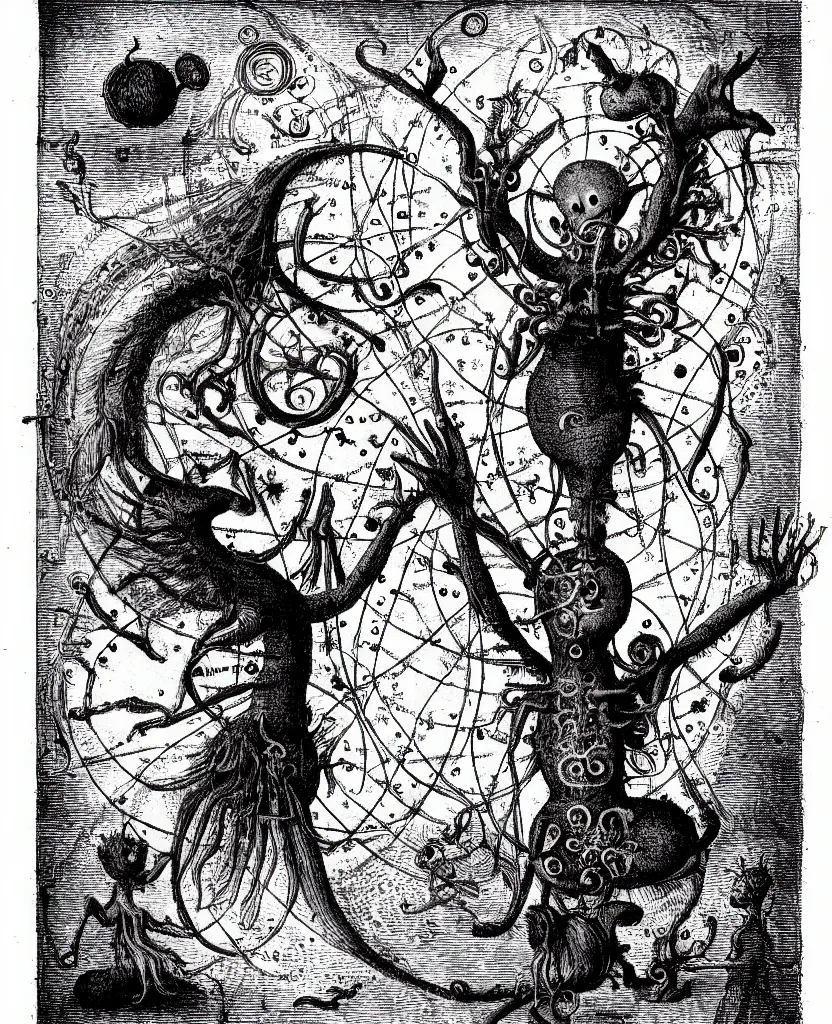 Image similar to whimsical freaky creature sings a unique canto about'as above so below'being ignited by the spirit of haeckel and robert fludd, breakthrough is iminent, glory be to the magic within