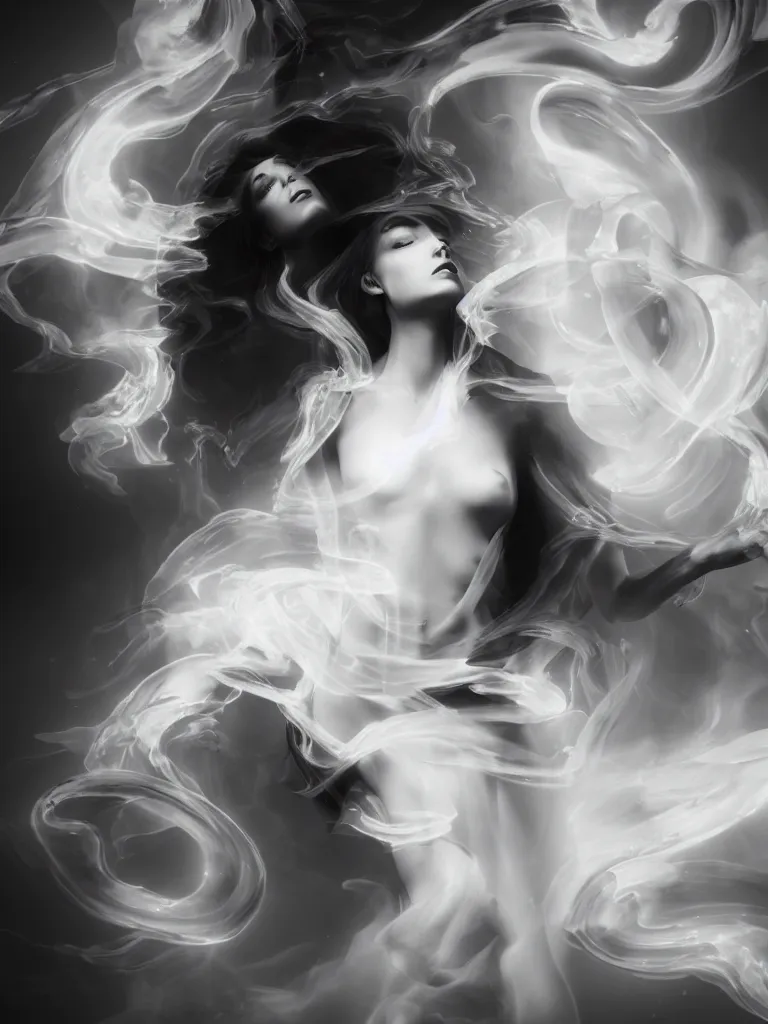 Prompt: white noir priestess, flowing swirls of smoke, hyperreal octane render volumetric cinematic