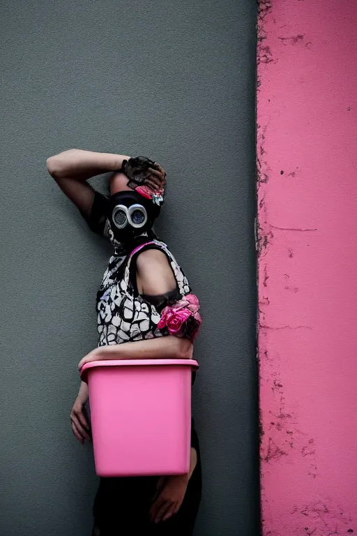 Image similar to a surreal portrait of a woman wearing a gas mask stuck in trash next to a pink wall in the style of brooke didonato, editorial fashion photography from vogue magazine, full shot, nikon d 8 1 0, ƒ / 2. 5, focal length : 8 5. 0 mm, exposure time : 1 / 8 0 0, iso : 2 0 0