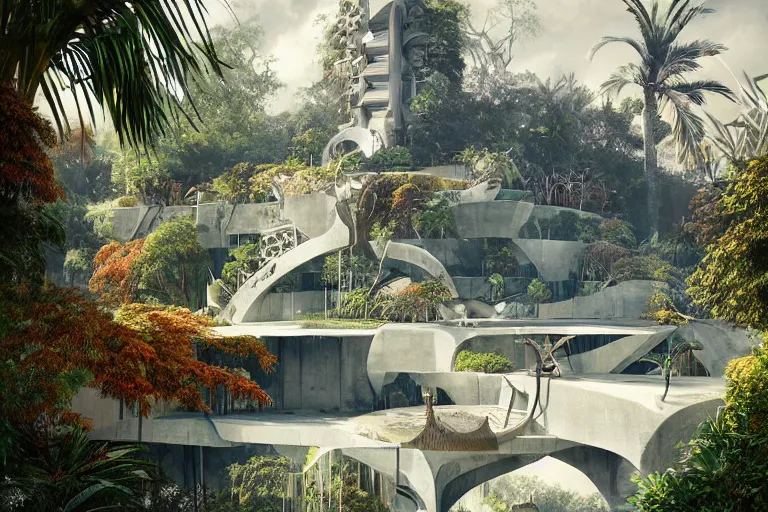 Prompt: brutalist futuristic white Aztec structures, manicured garden of eden, pools and streams, tropical foliage, birds, sculpture gardens, Autumn, by Jessica Rossier and Brian Froud