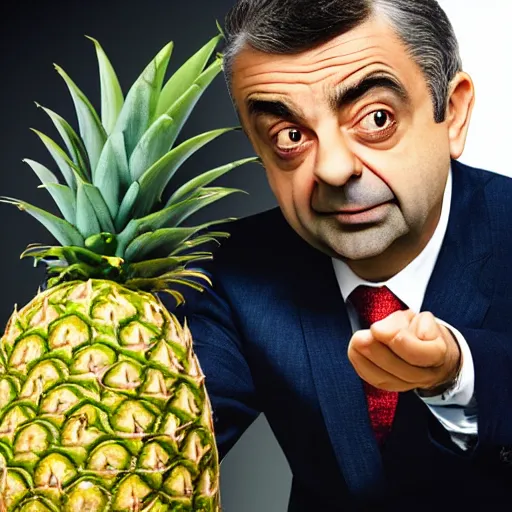 Image similar to rowan atkinson as mr. beans stealing a pineapple from target store, focused face, realistic photo, uhd