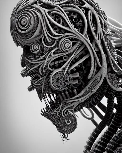Image similar to mythical black and white organic biomechanical spinal ribbed face portrait detail of mechanical vegetal-cyborg, highly detailed, intricate ornate, 3D render digital art, octane render, 8K artistic photography, photorealistic