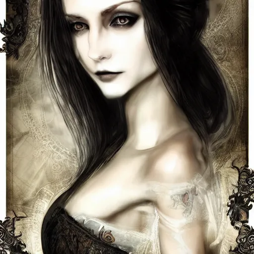 Image similar to full length portrait of a woman with timeless beauty & breathtaking eyes dressed in gothic attire, intricate, elegant, DSLR 8K, biblical art, realism, incomprehensible detail, final fantasy & silent hill aesthetic, photorealistic, lifelike, created by Razaras on deviantart