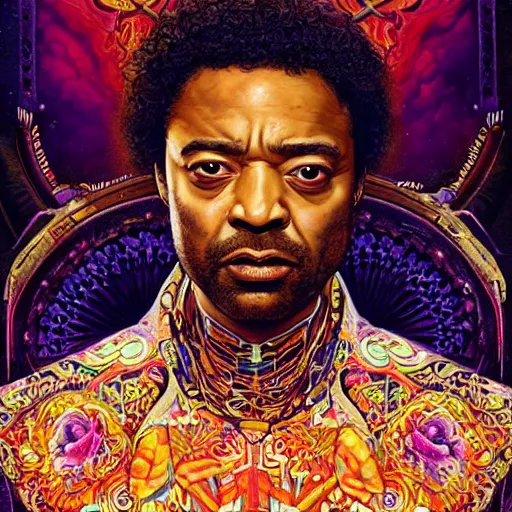 Image similar to portrait of chiwetel ejiofor, hyper detailed masterpiece, neon floral pattern, jean giraud, digital art painting, darkwave goth aesthetic, psychedelic, artgerm, donato giancola and tom bagshaw