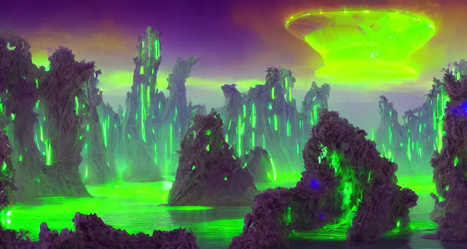 Prompt: luminous algae vines cover the ruins of an alien monolithic monument to the true prophet on the bottom of the ocean, vivid colors, matte painting, 8K, concept art, mystical color scheme, trending on artstation