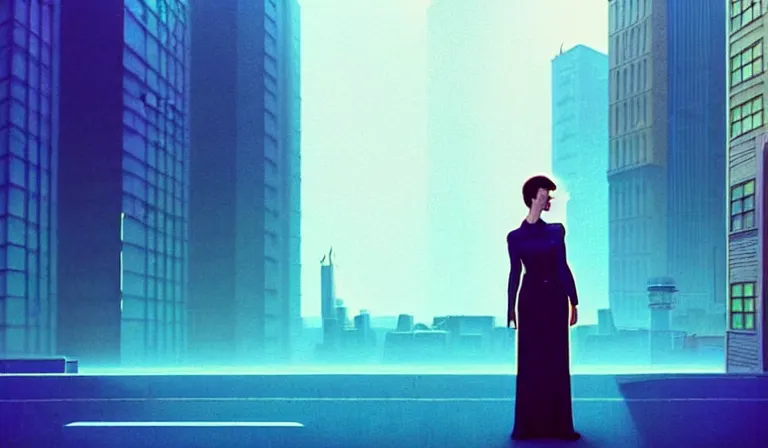 Image similar to a beautiful and immaculate overcast futuristic city. the silhouette of a stylish beautiful sean young as rachel standing in an alleyway. vaporwave ombre rendering. outrun style. trending on artstation. recommended for you behance. by chris moore. by edward hopper. beeple colors. ambient occlusion. digital matte painting. metropolis filmic. gotham city.