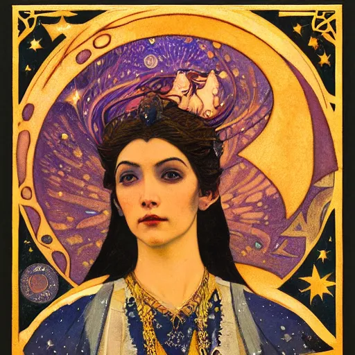 Image similar to queen of the moon with stars in her hair, by nicholas roerich and annie swynnerton and donato giancola and dulac, dramatic lighting, god rays, geometric tattoos, rich colors, smooth sharp focus, extremely detailed, leo and diane dillon, adolf wolfli