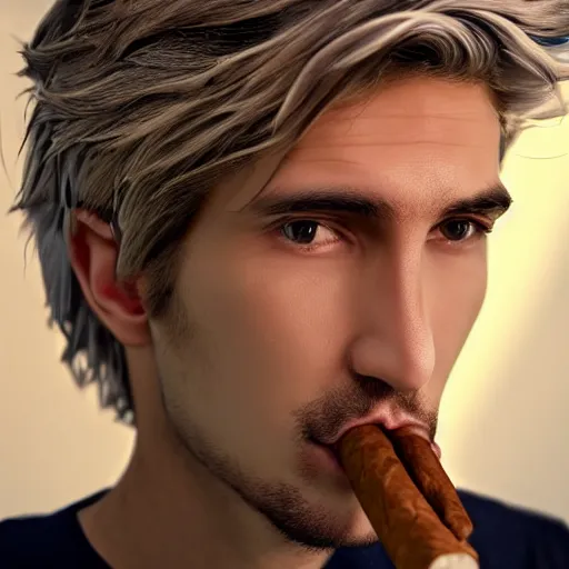 Image similar to a closeup photo of handsome gigachad xqc smoking a cigar, 8k photorealism, extremly detailed, trending on artstation