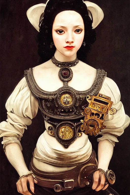 Prompt: portrait, headshot, digital painting, of a 17th century, beautiful automaton cyborg merchant girl, Borgia, dark hair, amber jewels, baroque, ornate clothing, scifi, futuristic, realistic, hyperdetailed, underexposed, chiaroscuro, concept art, art by waterhouse and caravaggio