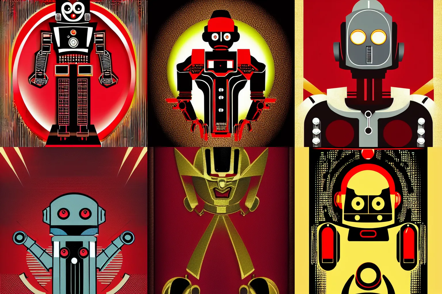 Prompt: evil robot, red and gold, art deco noir style, graphic design