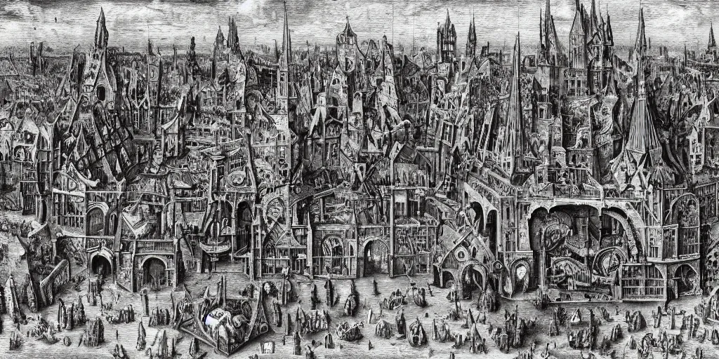 Image similar to demonic gothic megastructure in the style of heironymus bosch, dark intricate masterpiece, hyper detailed, hd