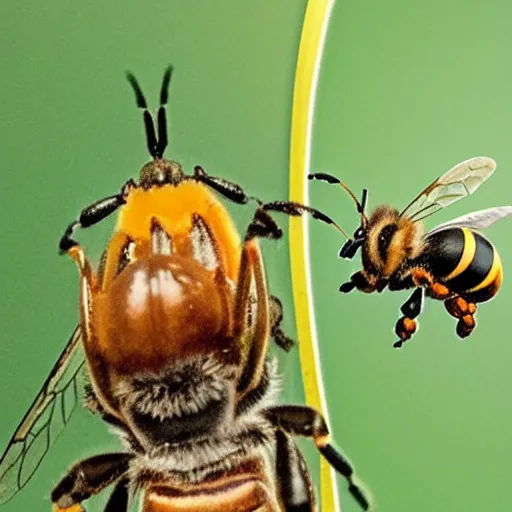 Prompt: scary looking bee holding a sword killing a stupid looking elon musk