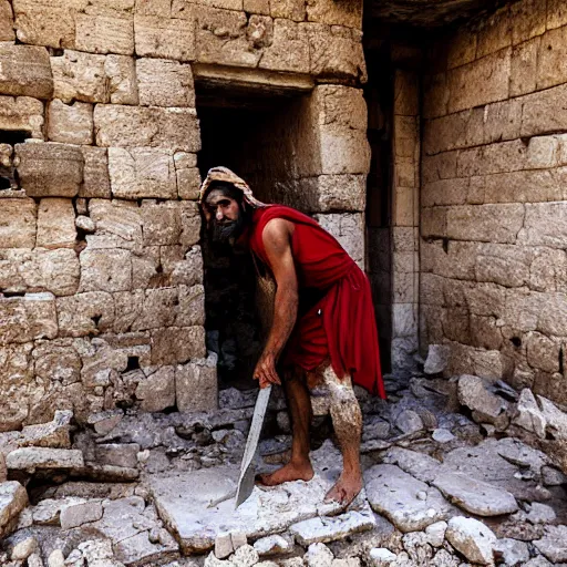 Image similar to award winning cinematic still of 40 year old Mediterranean skinned man in Ancient Canaanite clothing fixing a ruined, crumbled wall in Jerusalem, holding a sword and a chisel, dramatic lighting, nighttime, strong shadows, bright red hues, directed by Jordan Peele