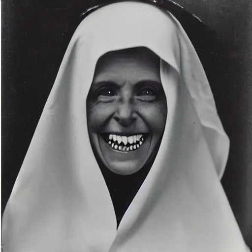 Image similar to antique photograph of an evil catholic nun, crazy eyes wide open, horror, staring at the camera, evil smile, sharp teeth, headshot, dark background, low exposure