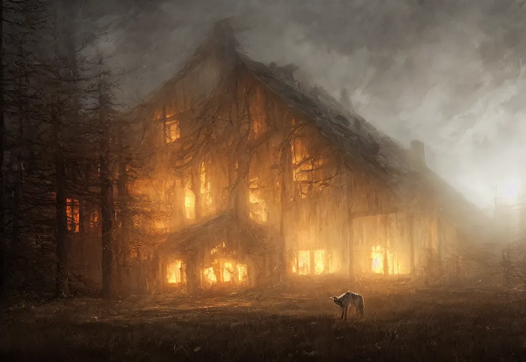 Image similar to a white wolf in front of a large burning timber house, artstation, jakub rozalski, high detail, dramatic lighting, night, fog