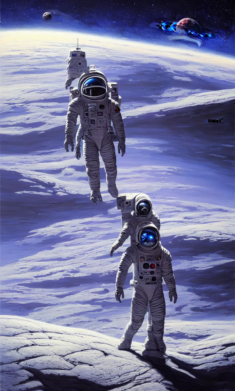 Image similar to an epic painting of a futuristic astronaut walking along an airless icy planet in the endless starry night of space, unreal 5, DAZ, detailed, soft focus, brilliant, 4k, 8k, HD, trending on artstation, art by Rick Guidice painting by Robert McCall by John Harris, abstract