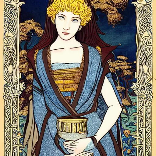 Image similar to a tarot card of teenage christina hendricks as a medieval noblewoman, fantasy, intricate, elegant, highly detailed, digital painting, artstation, concept art, matte, sharp focus, illustration, by hokusai and jeong seon