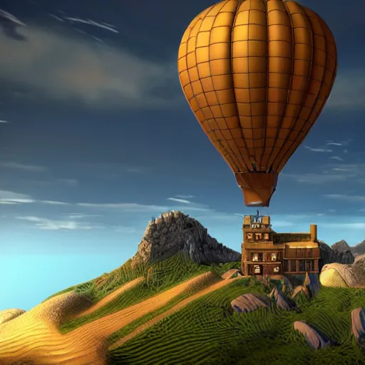 Image similar to hot air balloon carrying a hotel by H.P. Lovecraft, 8k, epic scene, scifi, unreal engine, masterpiece.