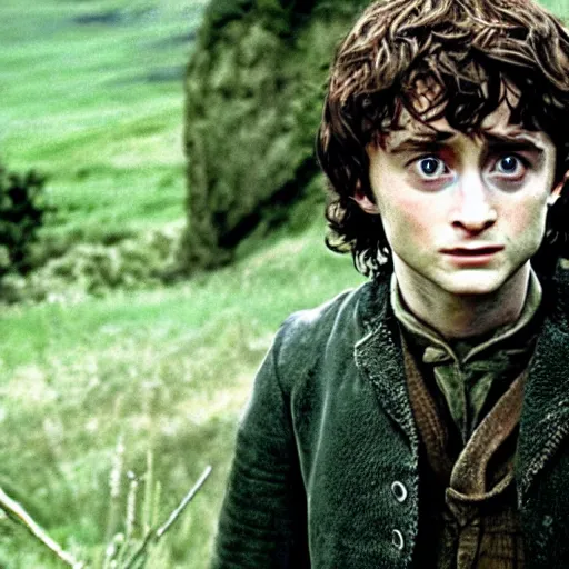 Image similar to Film still of a young Daniel Radcliffe as Frodo in Lord of the Rings: The Return of the King, small eyes