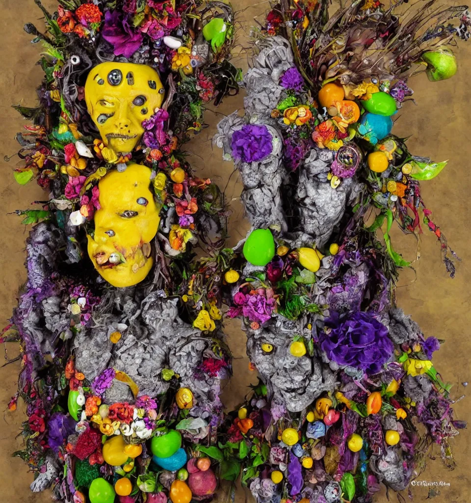 Prompt: bodyshot of a trickster nature spirit, zombie rock star, head made of fruits and crystals and flowers in the style of guiseppe arcimboldo, john currin, deep focus, fantasy, surreal, detailed, pop art, action figure, clay sculpture, gray and yellow and purple, rainbow stripe background