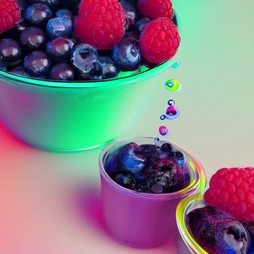 Image similar to raspberry, blueberry, vanilla smoothie explosion, intricate complexity, inverted neon rainbow drip paint, trending on art station, photoreal, 8 k, octane render