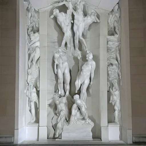 Prompt: Doors of Heaven by Auguste Rodin, white marble