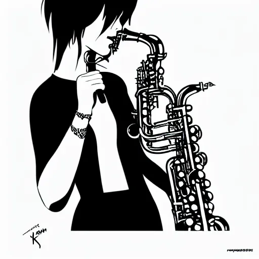 Image similar to an ink drawing of a tech punk girl playing the saxophone by ilya kuvshinov, black and white, white outline, high contrast