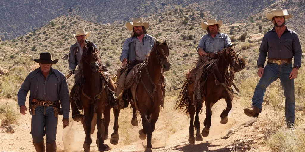 Prompt: 2 cowboys, Kurt Russel and Dave Bautista, on the old west mountain trail