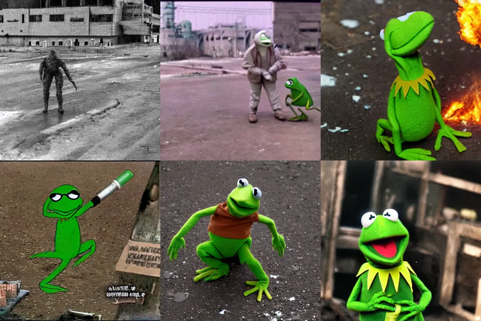 Prompt: kermit the frog throwing molotovs at the chernobyl reactors caught on tape