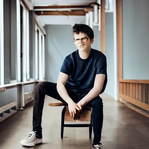 Image similar to full body photo of young man sitting on chair, perfect face, fine details, bokeh