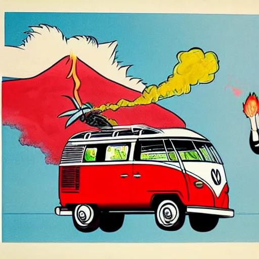 Image similar to a caricature drawing of a vw volkswagen bus, camper, bulli, type - 2, microbus, kombi, flying towards the camera, viewer, a vulcano is erupting in the background