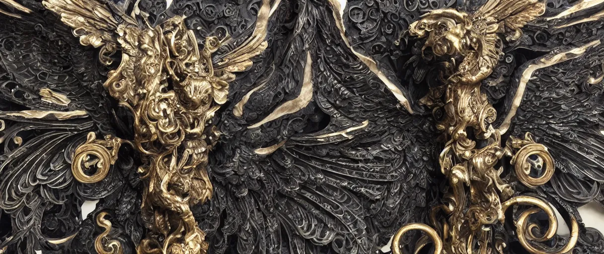 Prompt: carved black marble mechanical sculpture wearing hard surface armour, subtle gold accents, frontal view, ivory rococo, wings lace wear, hyper detailed, insane details, intricate