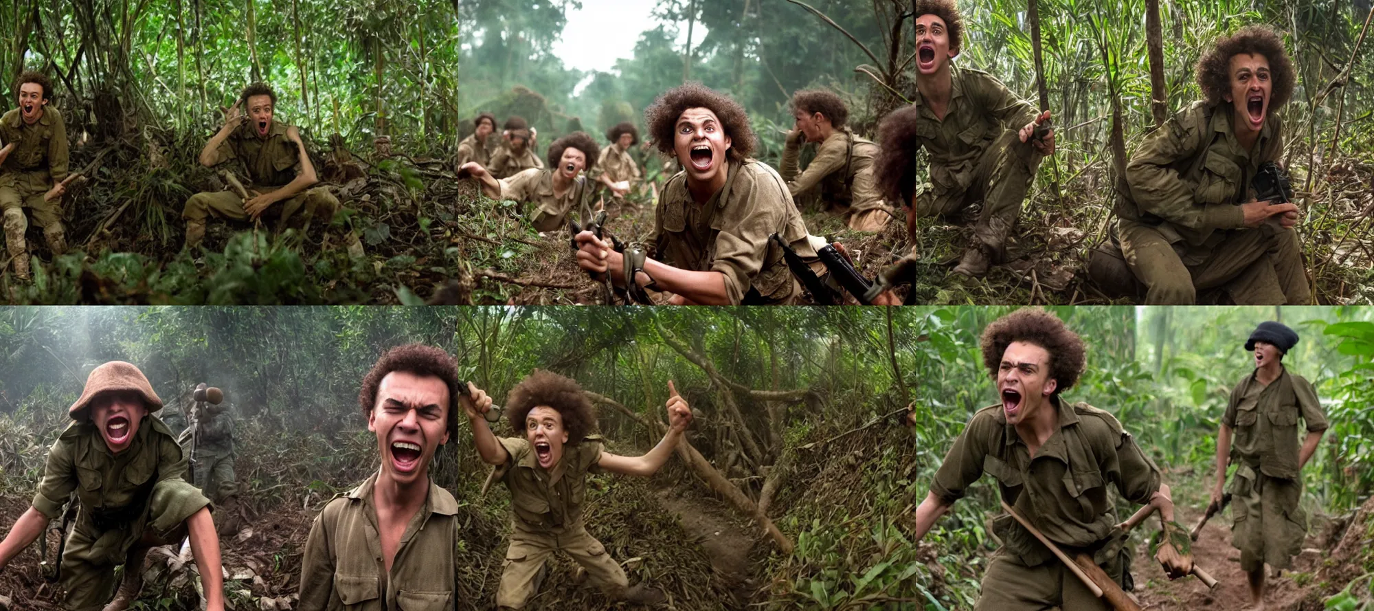 Prompt: Kwebbelkop screaming in the trenches in the jungle, Platoon 1986, cinémascope, epic ultrawide shot