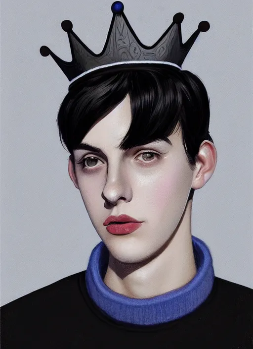 Image similar to portrait of teenage jughead jones wearing a light grey crown, crown, blue turtleneck, 1 9 5 0 s, closed eyes, photorealistic, black hair, glowing lighting, intricate, elegant, glowing lights, highly detailed, digital painting, artstation, concept art, smooth, sharp focus, illustration, art by wlop, mars ravelo and greg rutkowski