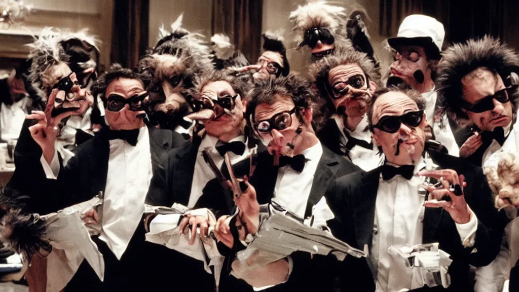 Image similar to Gremlins disguised as wall street traders and soundcloud rappers orchestrate black swan event stock market crypto crash, film still from Gremlins 3 directed by Joe Dante, Nathan Fielder and Groucho Marx