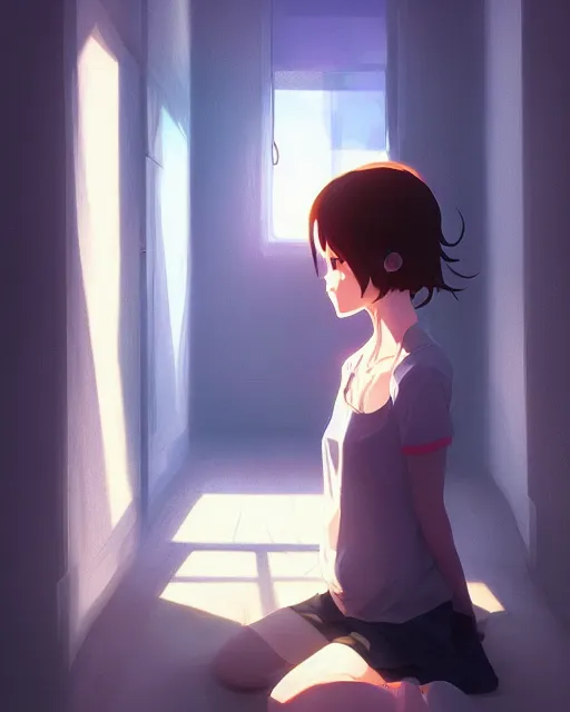 Image similar to a girl crying in the corner of the room, perfect shading, atmospheric lighting, by makoto shinkai, stanley artgerm lau, wlop, rossdraws