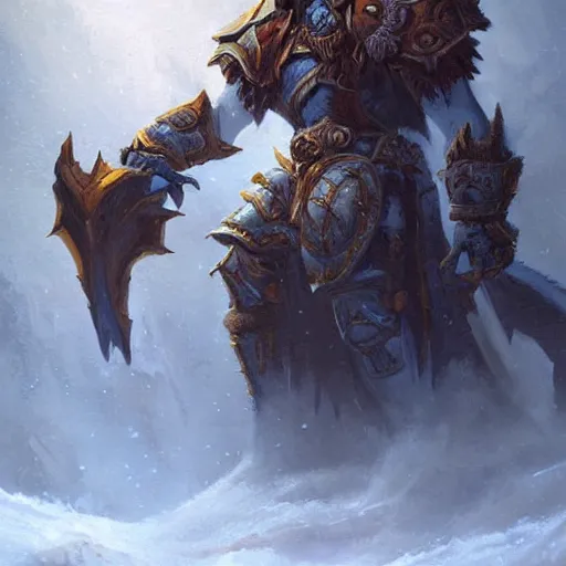 Prompt: the hero mountain king from the game warcraft, oil painting, by greg rutkowski