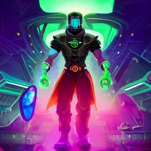 Image similar to a stylized portrait of a powerful black man with green eyes as an angry scientist, stylized, arcane magic, blue and purple vapor, neon color, vivid color, lens flare, volumetric light from below, kang the conqueror, background by justin gerard, hyperdetailed concept art by Ross Tran and Greg Rutkowski, high quality DnD illustration, trending on ArtStationHQ, 8k