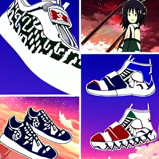 Image similar to fantasy anime jrpg sneaker design designed by studio ghibli, aztec mayan street fashion native punk sneaker design, hip hop sneaker design with subtle mayan patterns, gapmoe yandere grimdark, trending on pixiv fanbox, painted by greg rutkowski makoto shinkai takashi takeuchi studio ghibli, akihiko yoshida