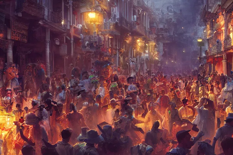 Image similar to carnaval de barranquilla colombia, thorough details, intricate, artstation, atmosphere, highly detailed, craig mullins, james jean, digital painting, deviantart, cinematic lighting, 4 k