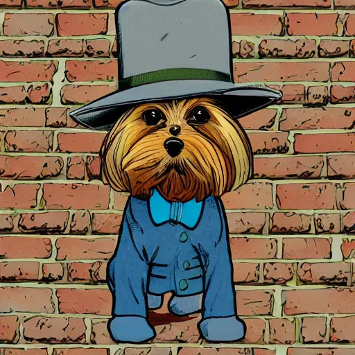 Image similar to a cute detective yorkshire terrier wearing a fedora in a dar alley, style of Geof Darrow