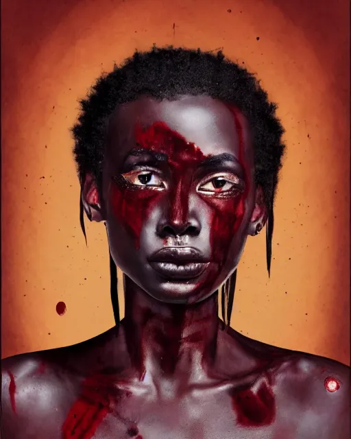 Image similar to beautiful ancient african androgynous demonic vampire girl, portrait, hyperrealistic, bloodstains