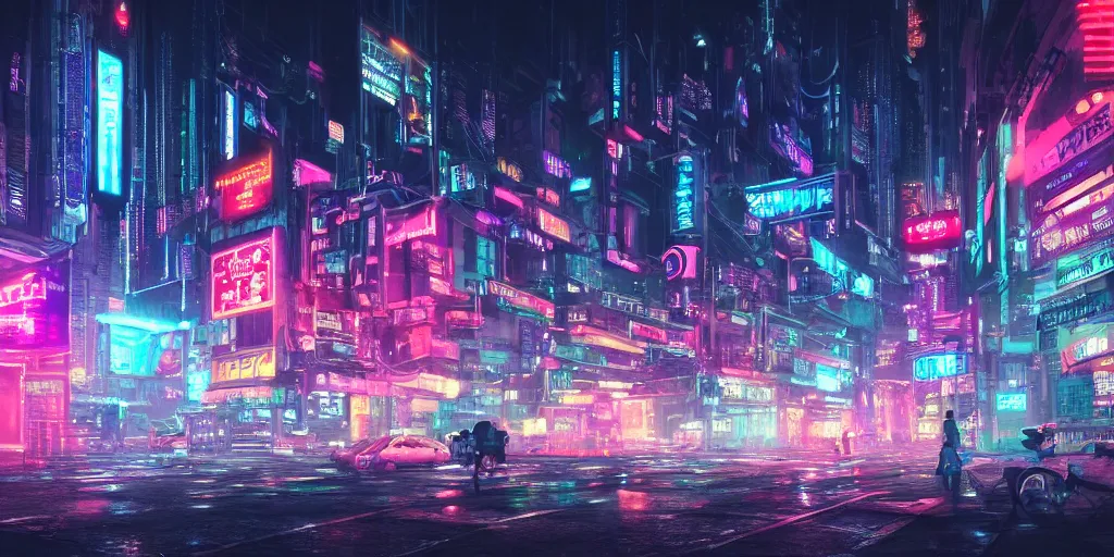 Prompt: Hyper detailed digital art of a cyberpunk city, neon lights, nighttime, 4k, ultra realistic, view from the streets