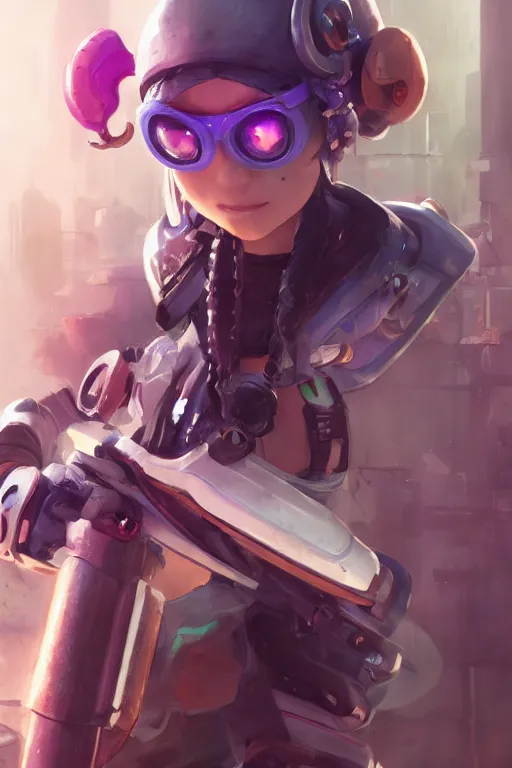 Image similar to portrait splatoon nintendo one character full body precis no blur, concept art, character sheet, nier automata, gaston bussiere, greg rutkowski, cyberpunk, trending on artstation, featured on pixiv, hyper detail, cinematic composition, 8 k