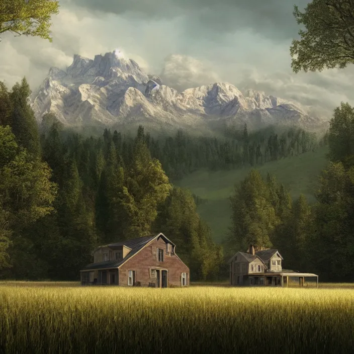 Image similar to a house in a field with mountains in the background, a matte painting by gregory crewdson, behance contest winner, american scene painting, matte painting, concept art, movie still