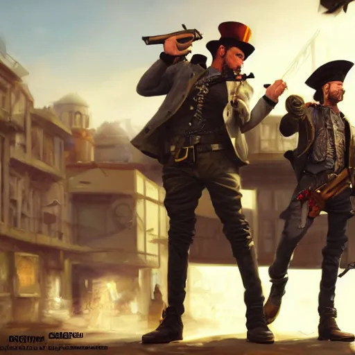 Image similar to oil painting of two pigeons holding guns, berets, medium shot, steampunk clothes, steampunk city background, sharp focus, fantasy style, octane render, volumetric lighting, 8k high definition, by greg rutkowski and james gilleard, highly detailed, trending on artStation, explosions, magic the gathering artwork, centered, 8k, hd