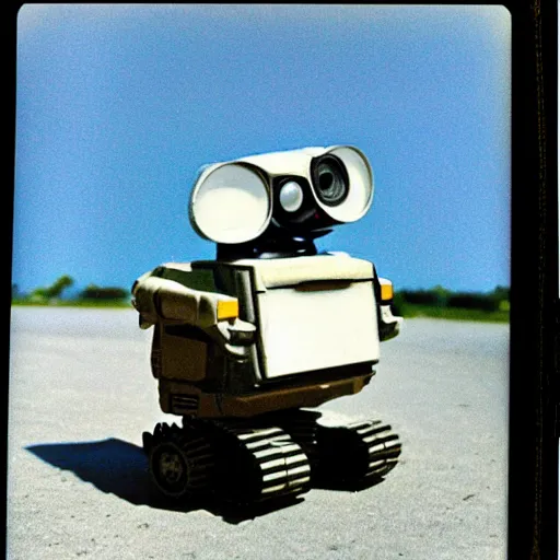 Image similar to WALL-E returning from the war, old polaroid